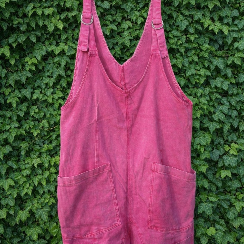Zenana Washed Pink Denim Short Overalls | Adjustable Straps